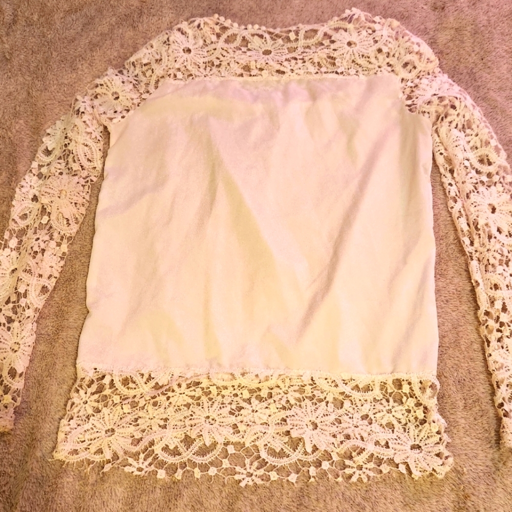 White Crochet Lace Satin Top, Very Unique, M Medium